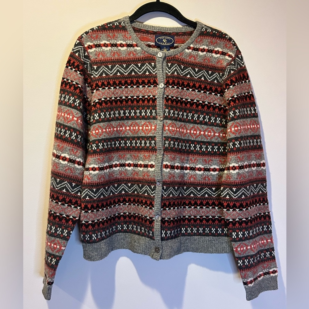 Chelsea Cambell Sweater Women M Red Gray Wool Cardigan Mother Pearl Southwestern